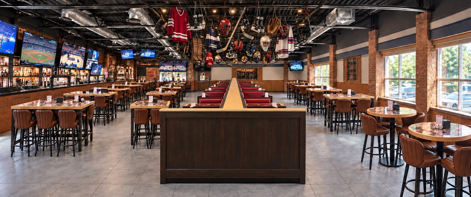 Rendering of the renovated Players dining room, with the bar, big screens, and jerseys overhead